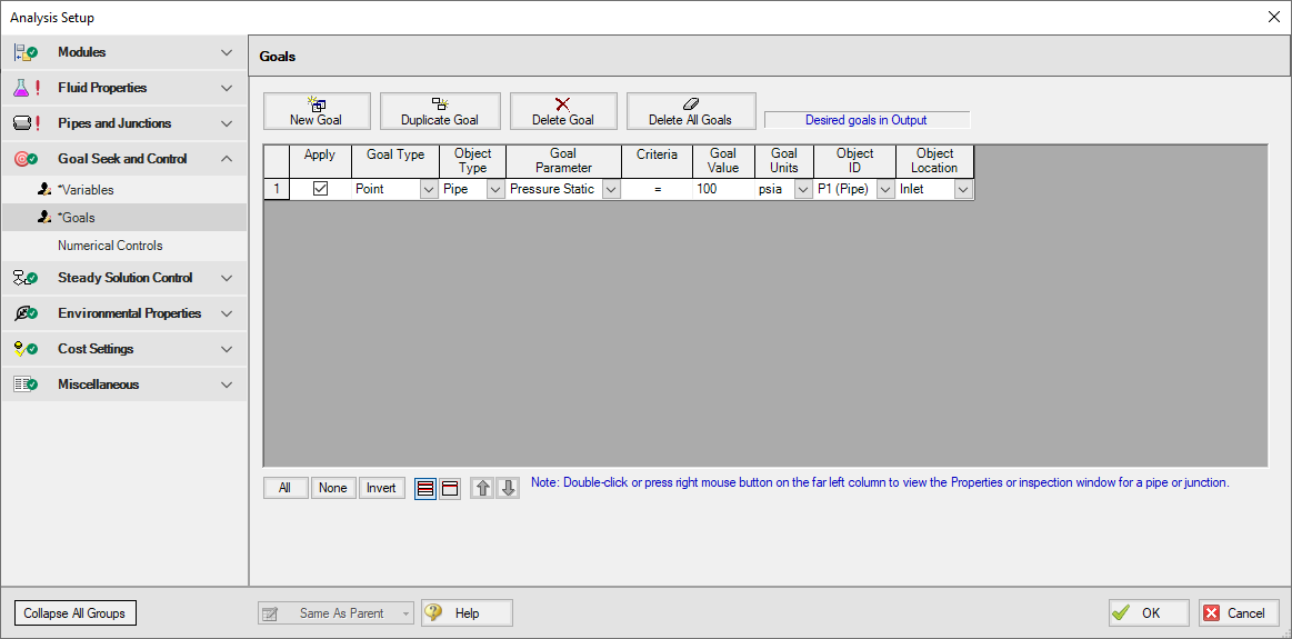 The Goals panel in the Goal Seek and Control Manager.